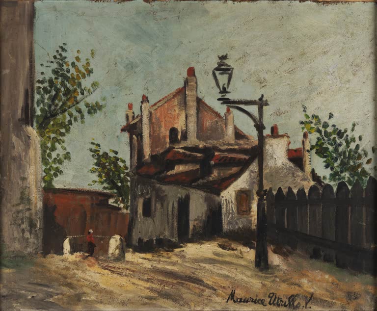 Altes Haus mit rotem Dach hinter Holzzaun und Gaslaterne – Maurice Utrillo Rue du Mont-Cenis Kunstkopie