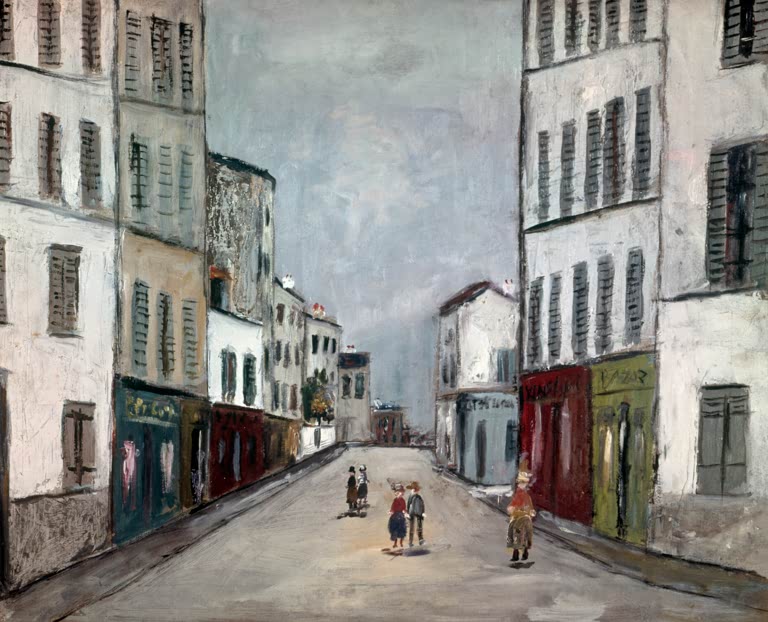 Pariser Straße mit grauen Häusern und kleinen Figuren unter Wolken – Maurice Utrillo Rue du Mont-Cenis Kunstkopie