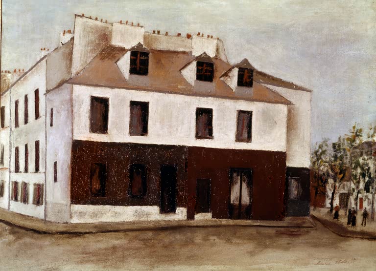 Weißes Eckhaus mit Mansarddach und dunklem Erdgeschoss an einer Kreuzung – Maurice Utrillo Rue Sainte-Eleuthère Kunstkopie