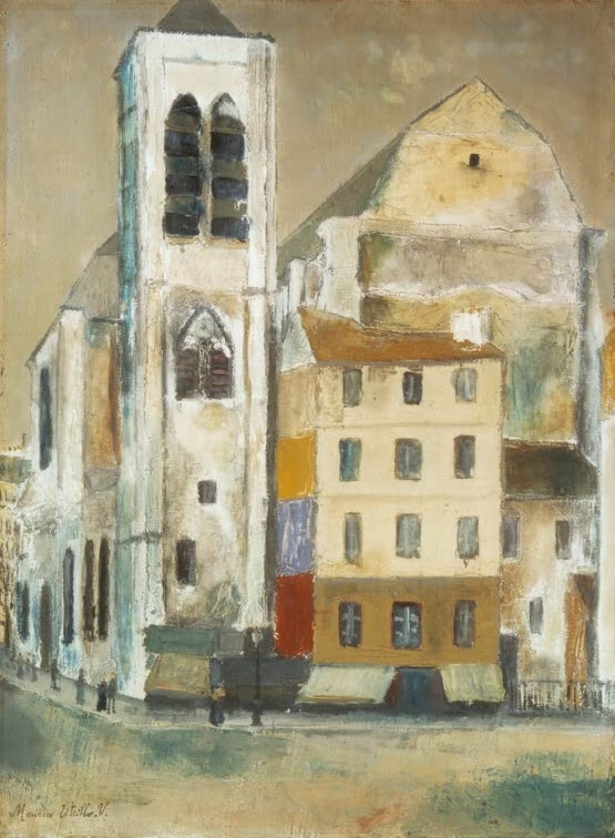 Gotische Kirche mit hohem Turm neben bunten Pariser Häusern – Maurice Utrillo Saint-Nicolas-du-Chardonnet Kunstkopie