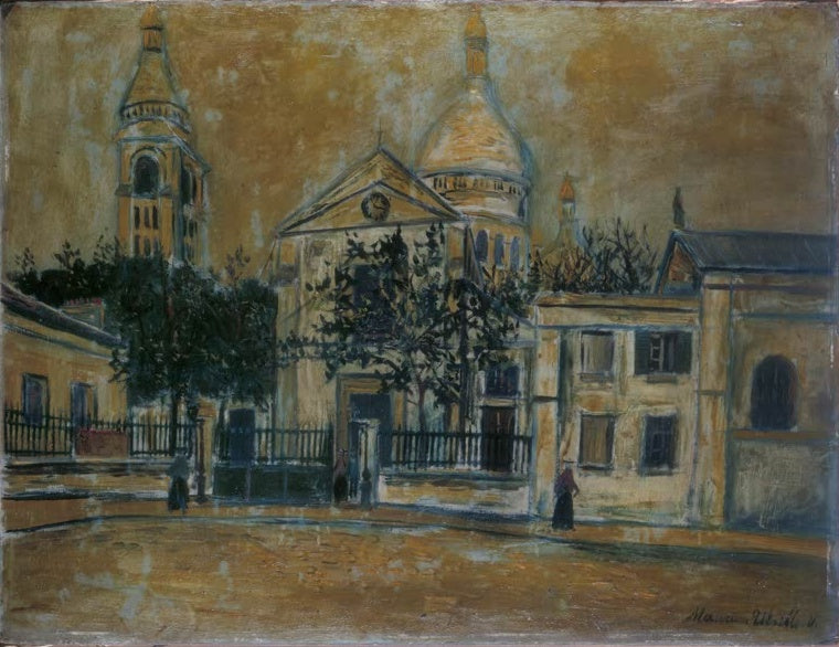 Kirche Saint-Pierre mit Sacré-Cœur-Kuppel hinter Eisenzaun – Maurice Utrillo Saint-Pierre de Montmartre Kunstkopie