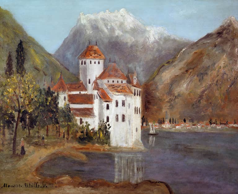 Weißes Schloss am See vor Bergen mit Schneegipfeln und Segelboot – Maurice Utrillo Schloss Chillon Kunstkopie