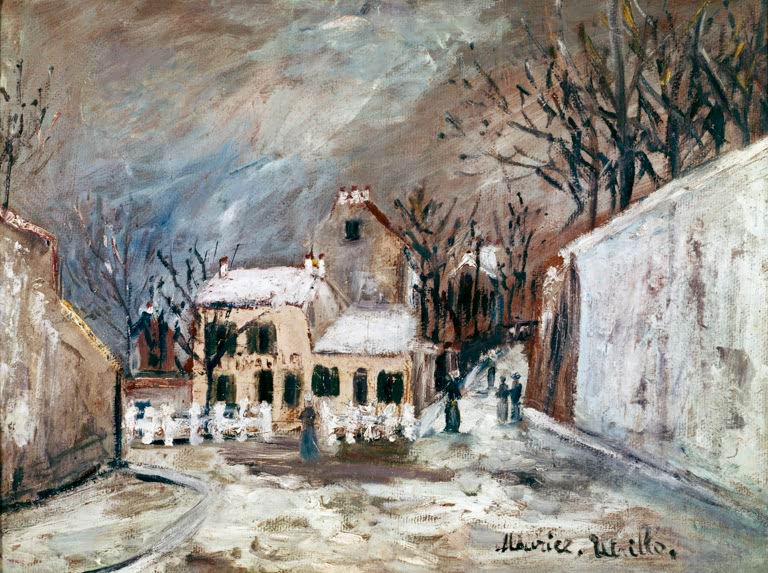 Verschneite Straße mit Haus, weißem Zaun und Passanten – Maurice Utrillo Schnee auf dem Montmartre Kunstkopie