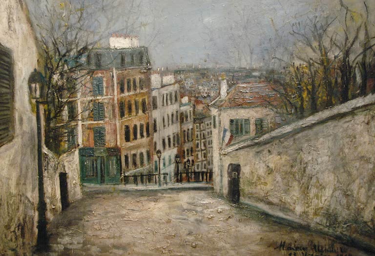 Straße mit Mauer und Laterne, dahinter hohe Häuser und Blick über Paris – Maurice Utrillo Straße am Mont-Cenis Kunstkopie