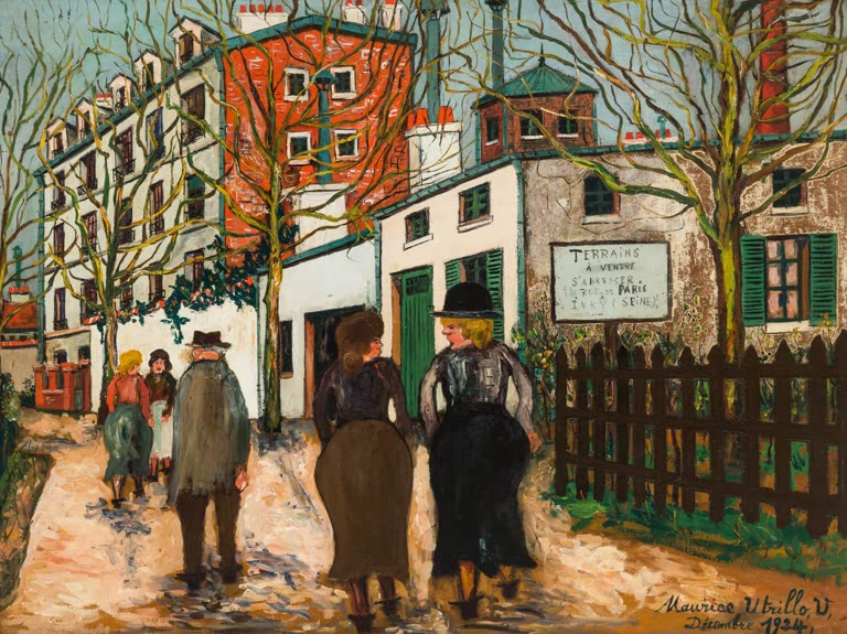 Zwei Frauen und ein Mann gehen vor Häusern und einem braunen Zaun – Maurice Utrillo Straße in Ivry Kunstkopie