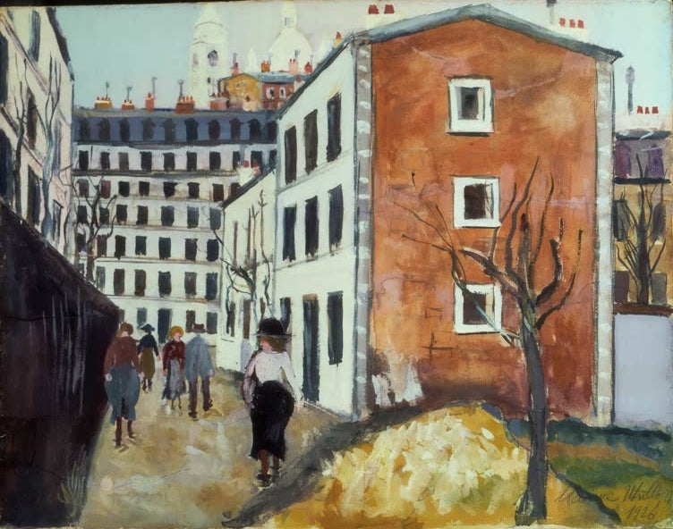 Gouache einer Montmartre-Straße mit Passanten, Backsteinhaus und Sacré-Cœur – Maurice Utrillo Straße in Montmartre Kunstkopie