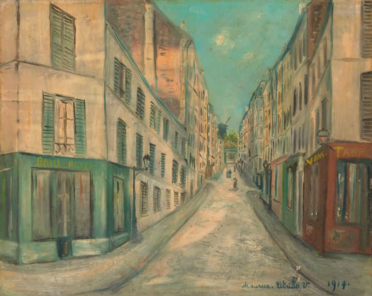 Leere Pariser Straße mit Häuserfluchten, grünen Fensterläden und Läden – Maurice Utrillo Straße in Paris Kunstkopie