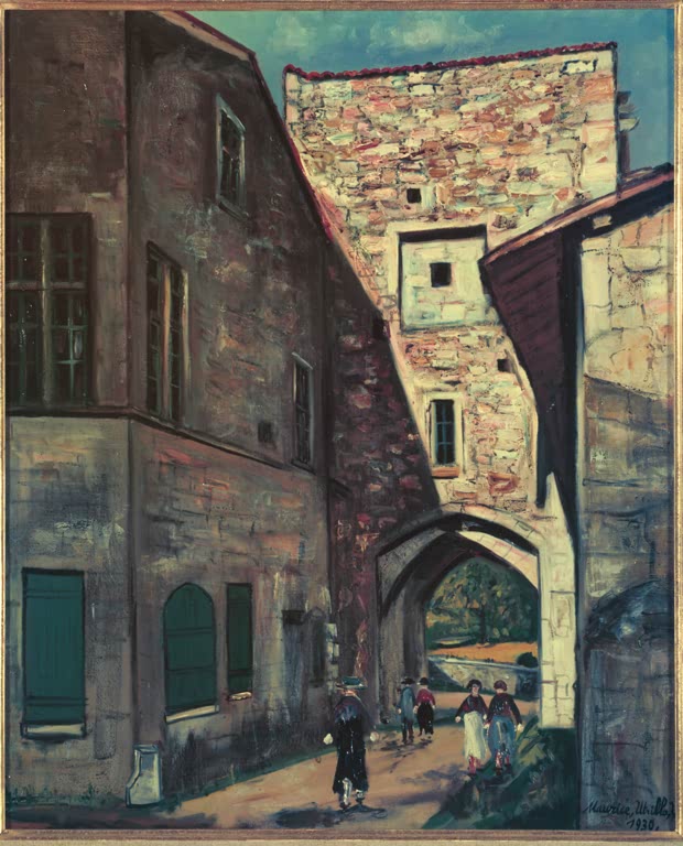 Steinernes Stadttor mit Torbogen, Häusern und Passanten auf der Gasse – Maurice Utrillo Tor in Pérouges Kunstkopie
