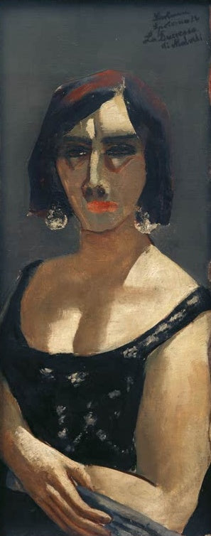 Frau mit Ohrringen und schwarzem Spitzenkleid vor grauem Grund – Max Beckmann Bildnis La Duchessa di Malvedi Kunstkopie