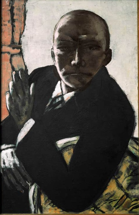 Mann im schwarzen Anzug mit erhobener Hand vor hellem Grund – Max Beckmann Selbstbildnis in Schwarz Kunstkopie