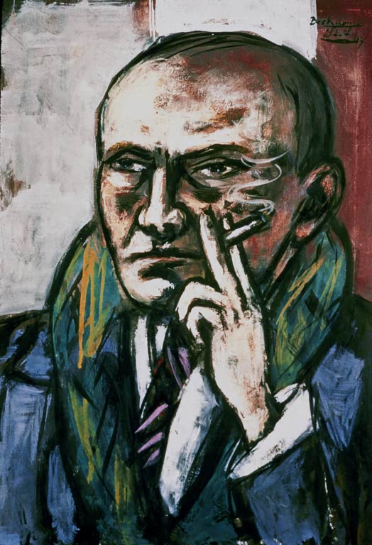 Mann mit rauchender Zigarette, Hand am Kinn, im blauen Mantel – Max Beckmann Selbstbildnis mit Zigarette Kunstkopie