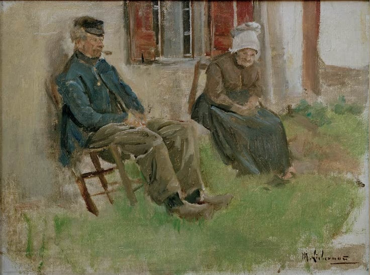 Altes Paar sitzt auf Stühlen im Gras vor einem Haus – Max Liebermann Altes Paar vor einem Haus sitzend Kunstkopie