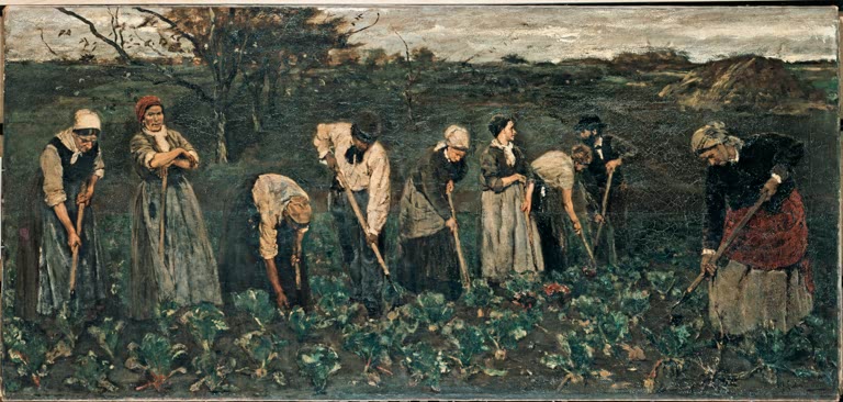 Reihe gebückter Arbeiter mit Hacken auf einem Rübenfeld – Max Liebermann Arbeiter im Rübenfelde Kunstkopie