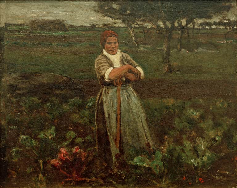 Frau mit Kopftuch steht zwischen Rübenpflanzen unter dunklem Himmel – Max Liebermann Arbeiterin im Rübenfeld Kunstkopie