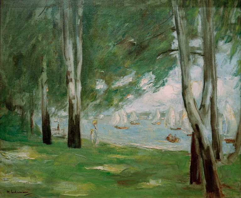 Birkenstämme am Seeufer mit Blick auf Segelboote auf dem Wasser – Max Liebermann Birken am Wannseeufer nach Osten Kunstkopie