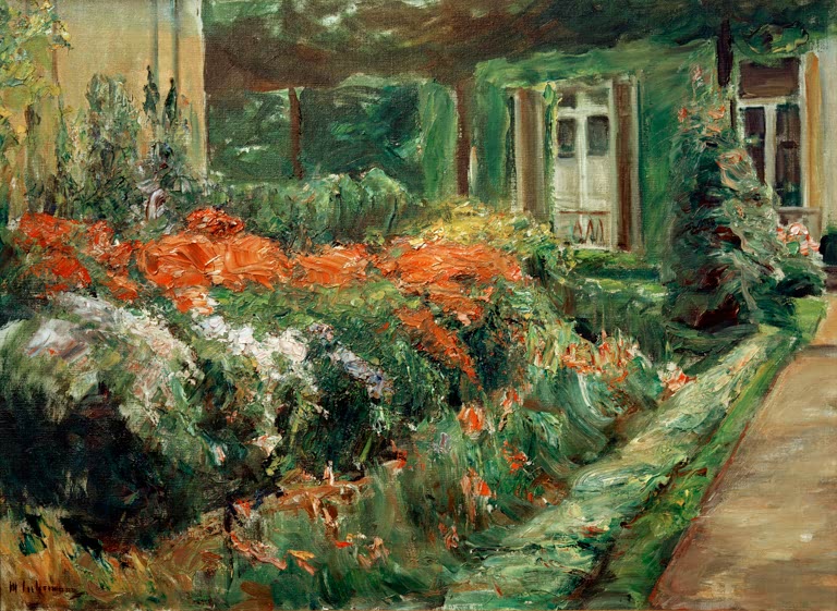 Rote und weiße Blumenstauden vor einem Gartenhäuschen – Max Liebermann Blumenstauden am Gartenhäuschen nach Osten Kunstkopie