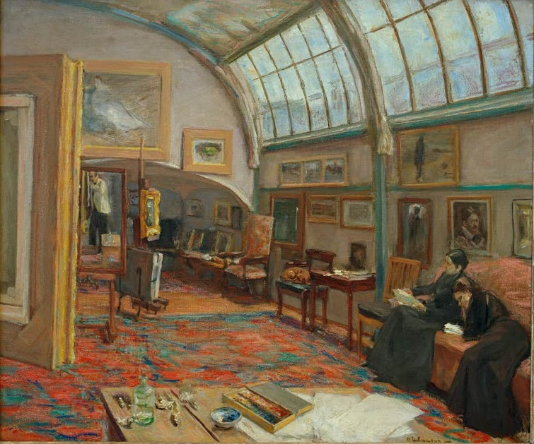 Lichtdurchflutetes Atelier mit Oberlicht, Teppich und Bildern – Max Liebermann Das Atelier des Künstlers Kunstkopie