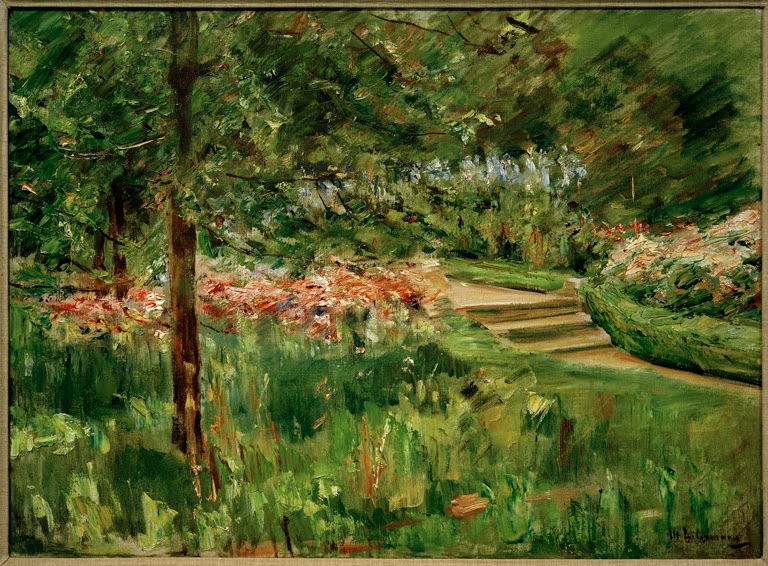 Gartenwiese mit Baum, Staudenbeet und Treppe im Hintergrund – Max Liebermann Der Nutzgarten in Wannsee Kunstkopie