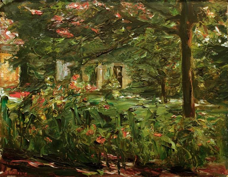 Gartenhaus hinter blühenden Sträuchern unter dichtem Laub – Max Liebermann Der Nutzgarten nach Osten Kunstkopie