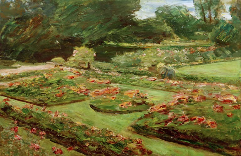 Rotblühende Beete und geschwungene Rasenflächen im Garten – Max Liebermann Die Blumenterrasse im Wannseegarten Kunstkopie