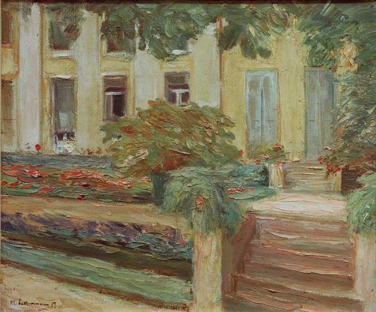 Treppe zur blühenden Terrasse vor der gelben Villa – Max Liebermann Die Blumenterrasse im Wannseegarten Kunstkopie