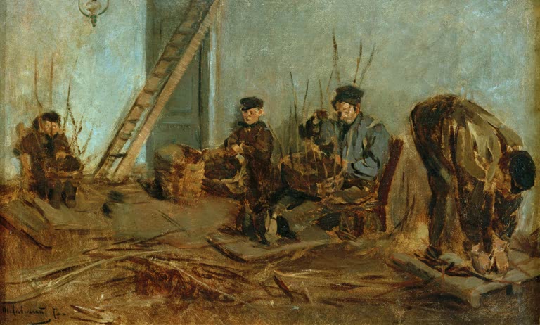 Korbflechter bei der Arbeit in einer Scheune zwischen Weidenruten – Max Liebermann Die Korbflechter Kunstkopie