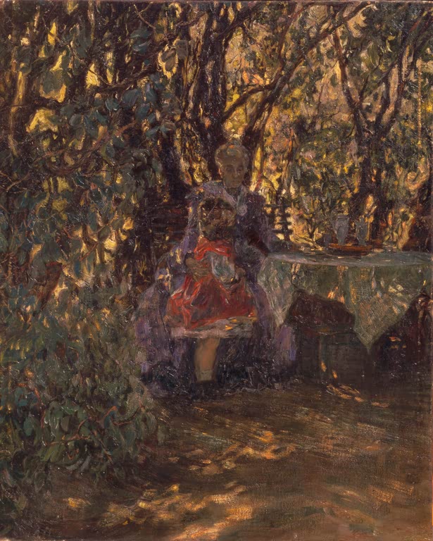 Max Liebermann Garten der Villa in Wannsee Kunstkopie, Frau mit Kind im roten Kleid unter dichtem Blattwerk