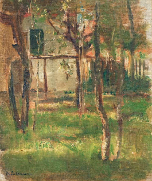 Gartenhaus zwischen schlanken Stämmen und Büschen mit grüner Wiese – Max Liebermann Haus mit Garten Kunstkopie