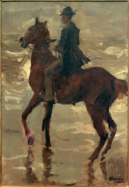 Reiter mit dunklem Hut auf braunem Pferd im Wasser am Strand – Max Liebermann Reiter am Meer nach links Kunstkopie