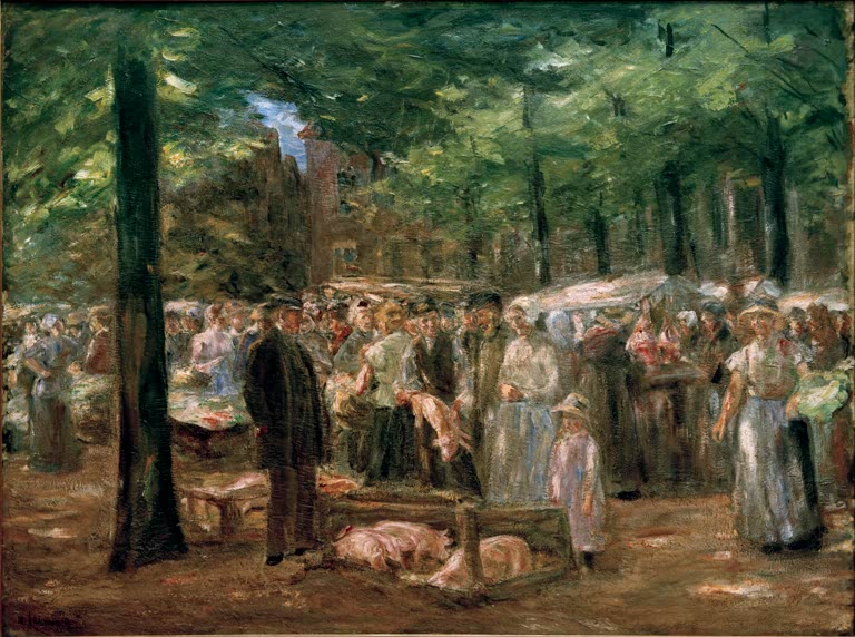 Menschenmenge auf dem Schweinemarkt unter Bäumen – Max Liebermann Schweinemarkt in Haarlem Kunstkopie