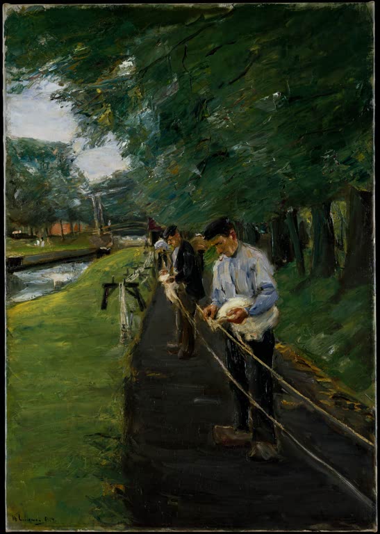 Männer ziehen an Seilen auf einer Seilerbahn entlang eines Kanals unter Bäumen – Max Liebermann Seilerbahn in Edam Kunstkopie