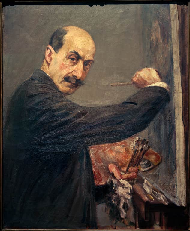 Maler im dunklen Kittel mit Pinsel und Palette vor der Staffelei – Max Liebermann Selbstbildnis an der Staffelei Kunstkopie