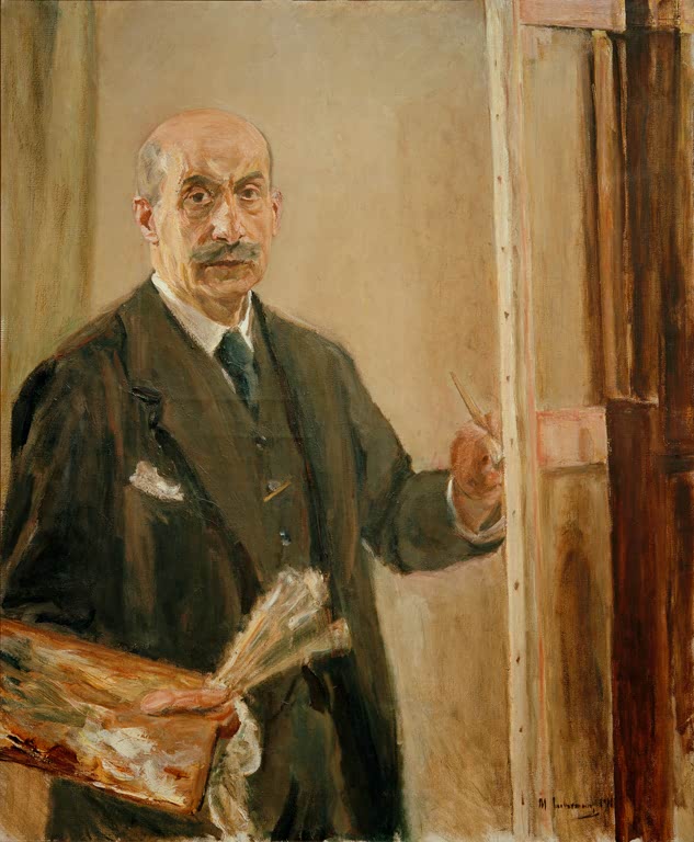 Maler mit Palette und Pinseln in der Hand steht vor einer Staffelei – Max Liebermann Selbstbildnis Kunstkopie