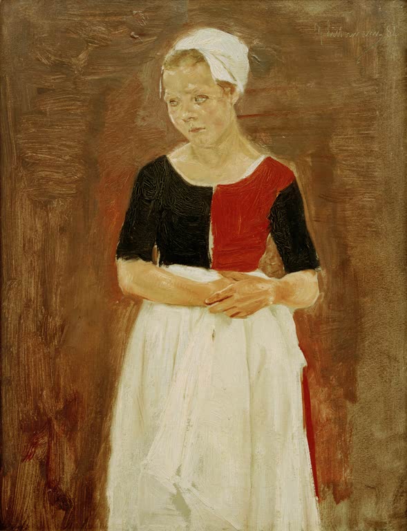 Mädchen in Waisenhaustracht mit weißer Haube und Schürze, Hände gefaltet – Max Liebermann Stehendes Waisenmädchen Kunstkopie