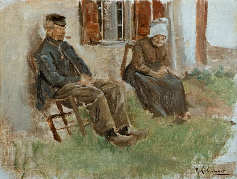 Alter Mann mit Pfeife und alte Frau sitzen vor einem Haus – Max Liebermann Studie aus Holland Altes Paar Kunstkopie
