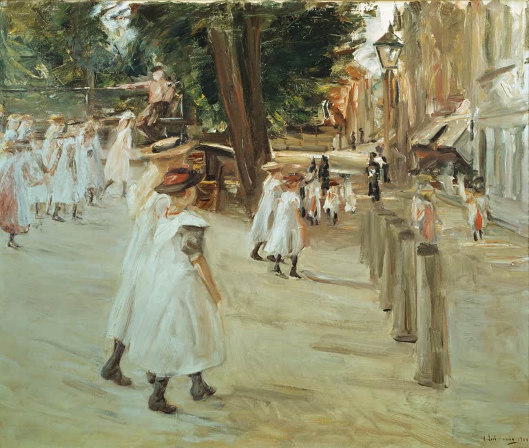 Mädchen in weißen Kleidern gehen eine sonnige Allee entlang zur Schule – Max Liebermann Weg zur Schule nach Edam Kunstkopie