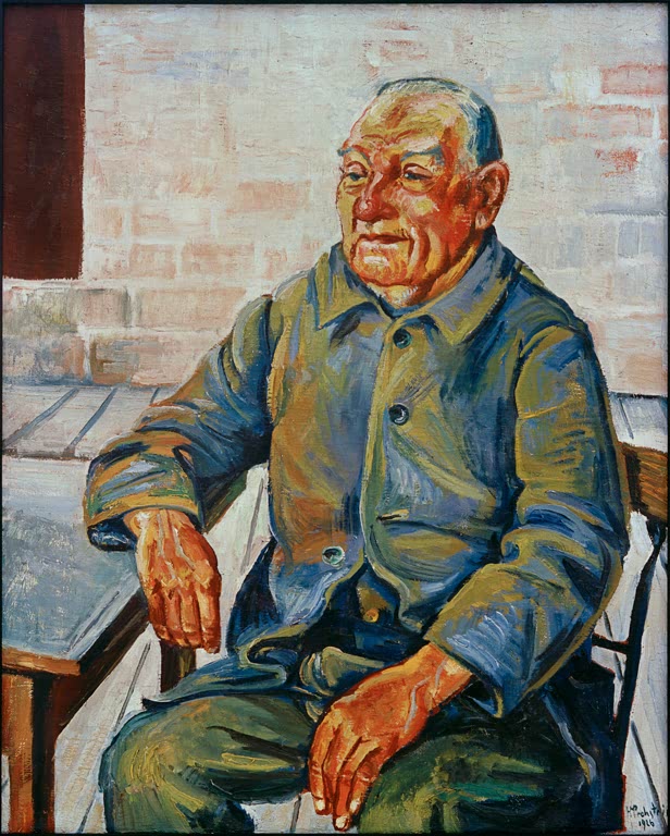 Sitzender alter Mann in blaugrüner Jacke vor Ziegelwand – Max Pechstein Alter Fischer Krischan Schmiedeberg Kunstkopie