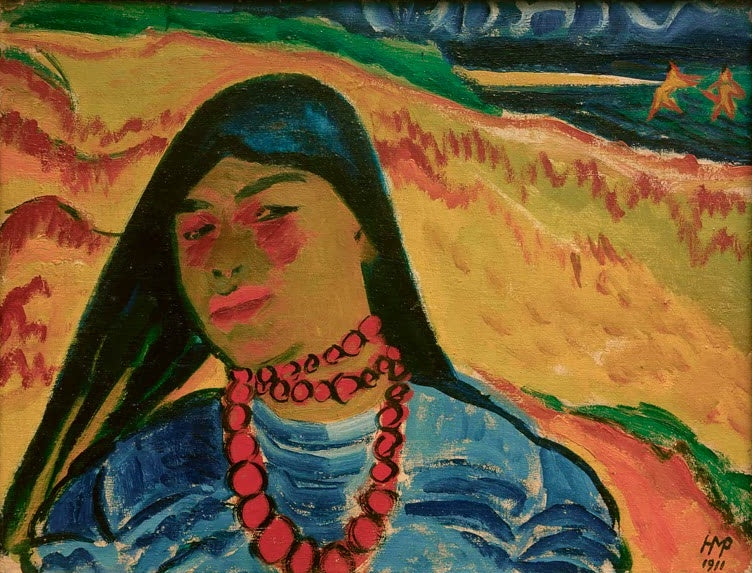Frau mit Perlenkette am Dünenstrand von Nidden, Meer dahinter – Max Pechstein Am Strand von Nidden Kunstkopie
