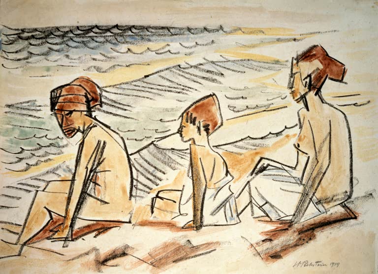 Drei Frauen sitzen am Strand vor Wellen, Konturen in Schwarz – Max Pechstein Am Strand Kunstkopie