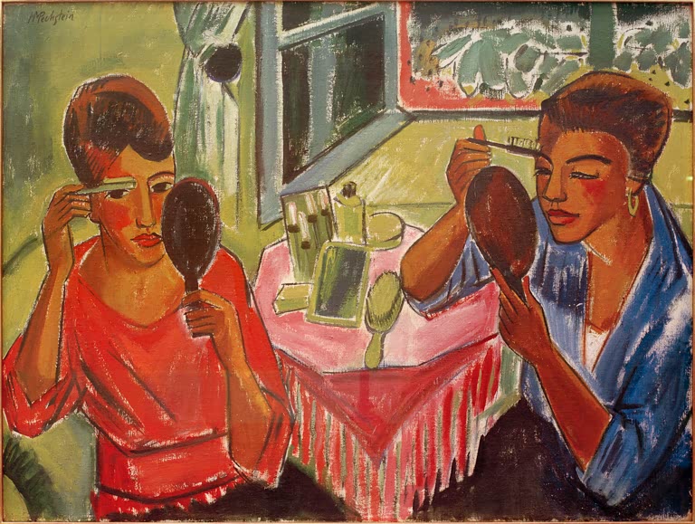 Zwei Frauen schminken sich mit Handspiegeln an einem Tisch mit rosa Decke – Max Pechstein Am Toilettentisch Kunstkopie