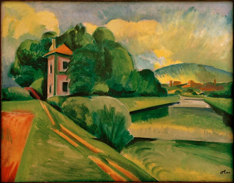 Rosa Haus zwischen Bäumen und grüner Uferweg unter gelblichem Himmel – Max Pechstein Am Ufer des Arno Kunstkopie