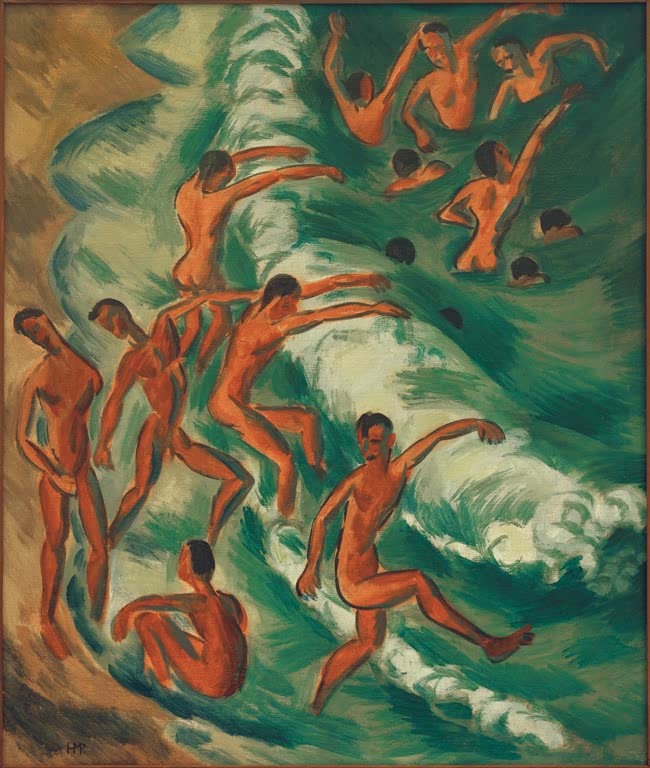 Nackte Knaben springen und tanzen in einer grünen Brandungswelle – Max Pechstein Badende Knaben in der Brandung Kunstkopie