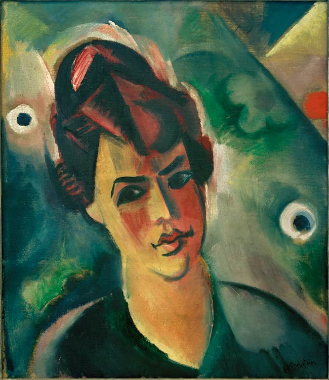 Frauenporträt mit dunklen Augen und rotem Haarschmuck vor grünen Flächen – Max Pechstein Bildnis einer jungen Frau Kunstkopie