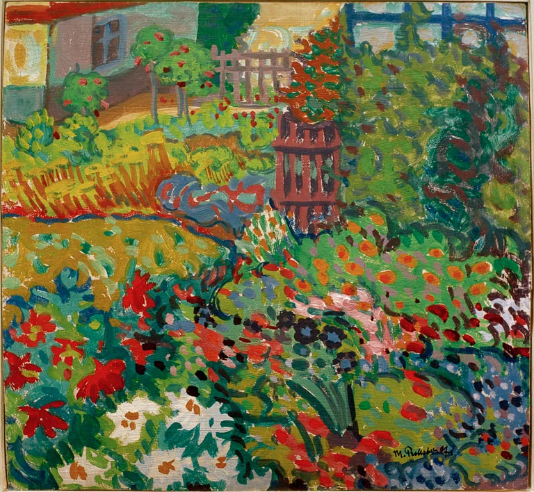 Blumengarten mit roten Blüten, Zaun und Haus in leuchtenden Farben – Max Pechstein Blumengarten Kunstkopie