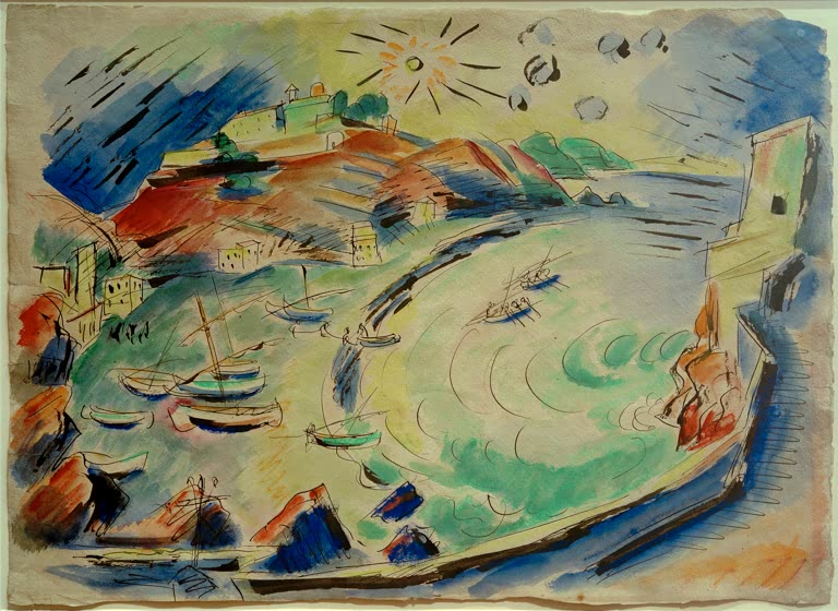 Bunte Bucht mit Booten, Häusern und Felsen unter strahlender Sonne – Max Pechstein Bucht von Monterosso al Mar Kunstkopie