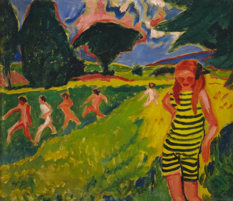 Mädchen im gestreiften Trikot am Wiesenrand, dahinter laufende Figuren – Max Pechstein Das gelbschwarze Trikot Kunstkopie