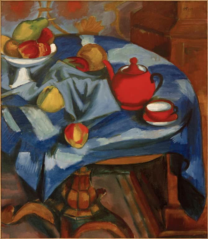 Rotes Teegeschirr und Früchte auf einem blau gemusterten Tisch – Max Pechstein Das rote Teegeschirr Kunstkopie