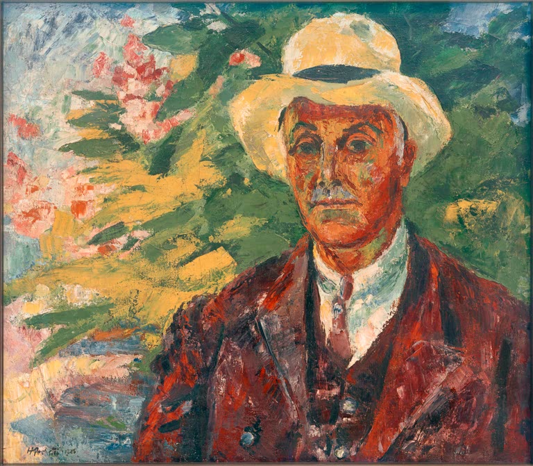 Mann mit hellem Strohhut und rotbraunem Anzug vor Oleander – Max Pechstein Dr. Walter Minnich Bildnis im Grünen Kunstkopie