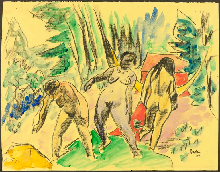 Drei Akte in Gelb, Grün und Rot im Wald, gemalt auf gelbem Papier – Max Pechstein Drei Akte im Wald Kunstkopie