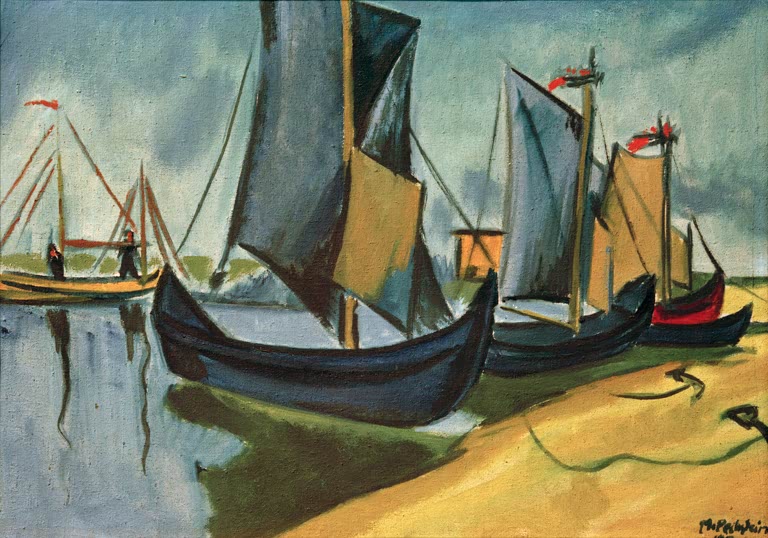 Fischerboote mit Segeln am Strand von Nidden, Spiegelung im Wasser – Max Pechstein Fischerboote in Nidden Kunstkopie